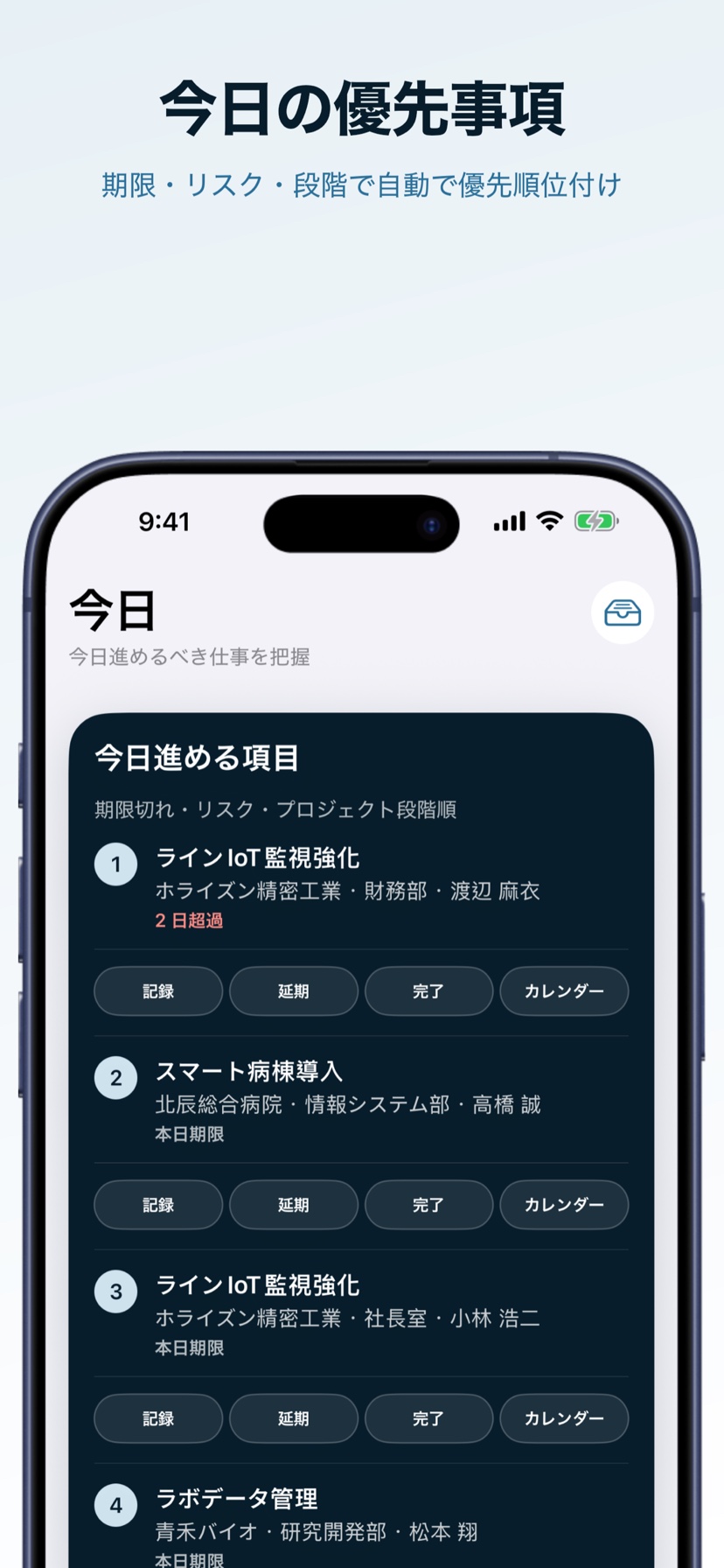 VINEQRAの今日の優先事項画面